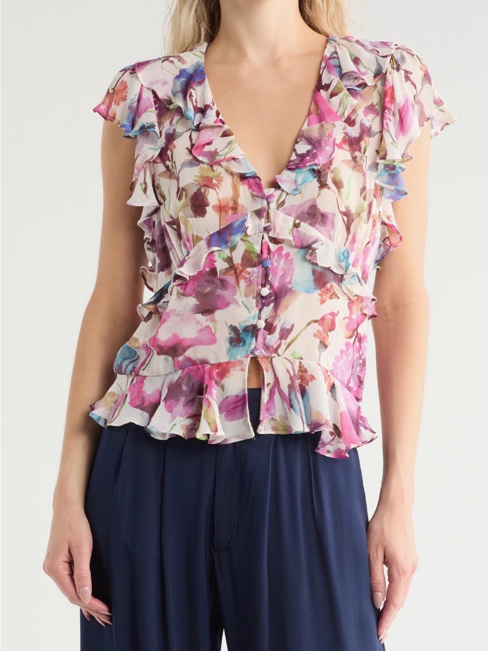 NWT Jason Wu Watercolor Floral Ruffle Chiffon Blouse Size L